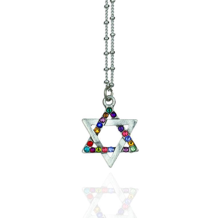 Star Of David Multicolored Silver Necklace